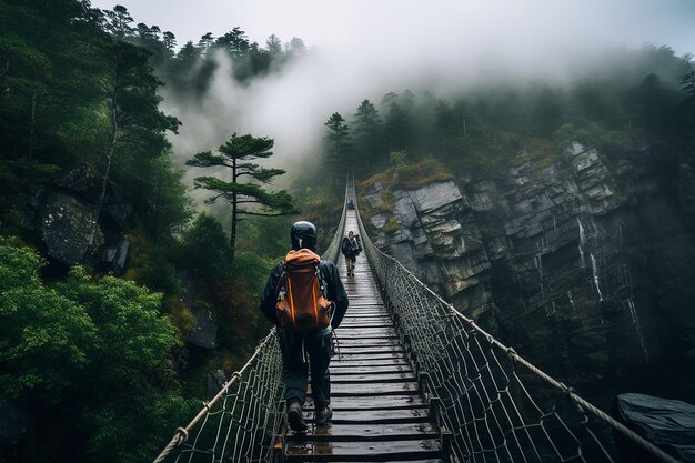 Escursionisti che attraversano cautamente un ponte sospeso traballante