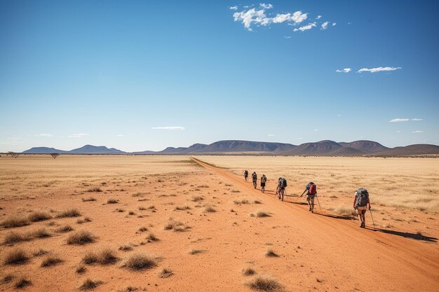 Escursionisti che attraversano paesaggi aridi