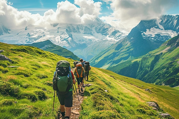 Escursionisti che fanno trekking attraverso sentieri di montagna in alta montagna. Paesaggio naturale