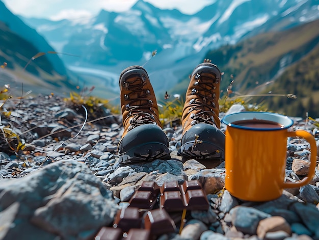 Escursionisti che si riposano su un sentiero di montagna in Svizzera con lo sfondo delle attività di vacanza dei vicini svizzeri