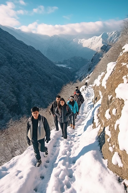 Escursionisti di gruppo sulla montagna innevata IA generativa