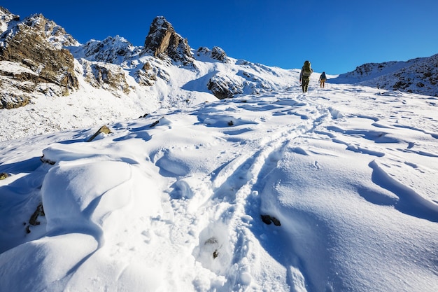 Escursionisti in montagna d'inverno