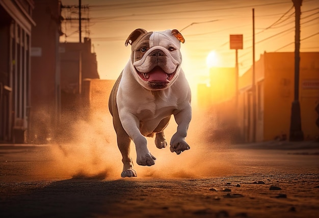 Esecuzione di bulldog sulla strada polverosa al bellissimo sole illustrazione Ai generativa