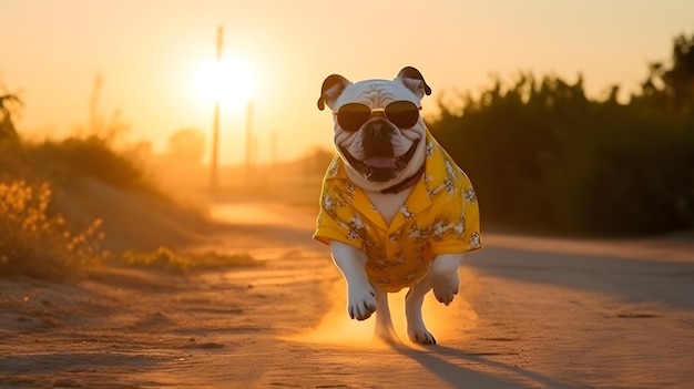 Esecuzione di bulldog sulla strada polverosa al bellissimo tramonto