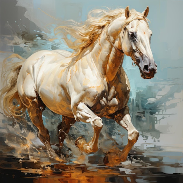Esecuzione di cavallo bianco in un poster di arte della parete del prato nello stile di stile della pittura dell'espressionismo