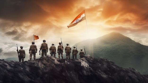 Esercito indiano che detiene la bandiera indiana Generative ai