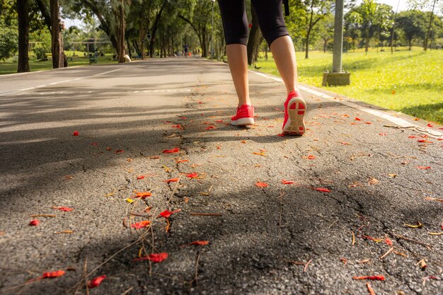 Esercizio corrente della donna dell&#39;atleta sulla strada in parco, concetto sano