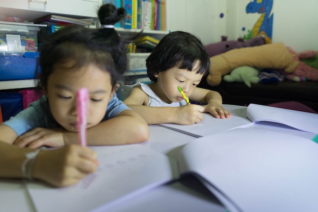 Esercizio della lettera del disegno di scrittura di pratica della sorella del fratello della ragazza del ragazzo dei due bambini