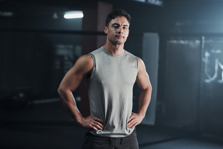 Foto esercizio in palestra e ritratto di un uomo con fiducia, orgoglio e impegno per l'allenamento fisico sano atleta bodybuilder o volto serio di pugile al club mma per l'addestramento fisico e l'adesione sportiva