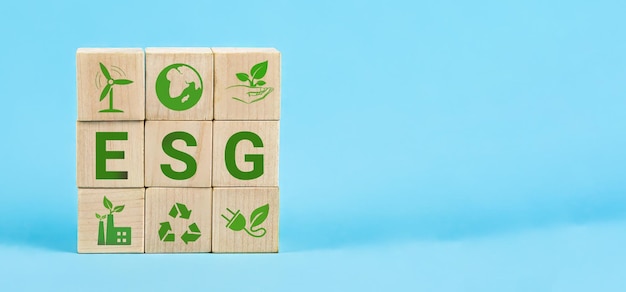 Esg parole su un cubo di legno esg concetto di ambiente sociale e governance cubo di legno con