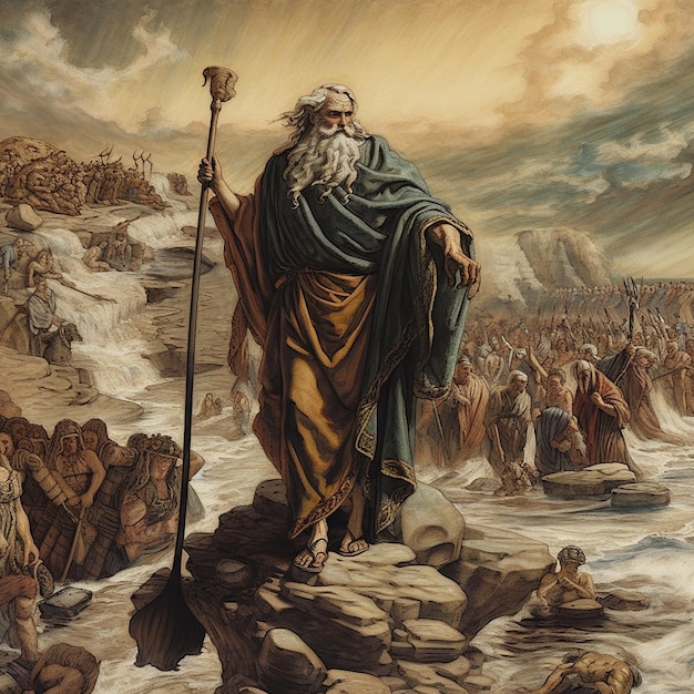 Esodo della Bibbia Mosè che attraversa il Mar Rosso con gli Israeliti fugge dagli Egiziani