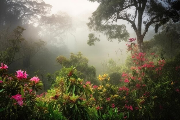 Esotica foresta nebbiosa con alberi torreggianti e nebbia ondulata e fiori che sbocciano creati con l'intelligenza artificiale generativa