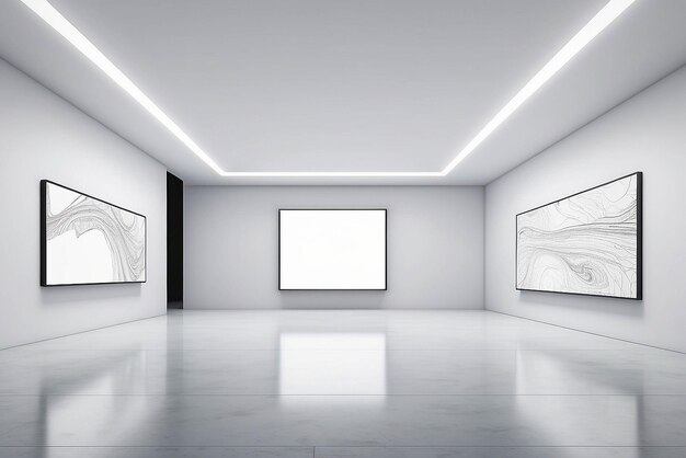 Esperienza di aste d'arte in realtà virtuale in un modello di galleria futuristica con spazio bianco vuoto per posizionare il tuo disegno