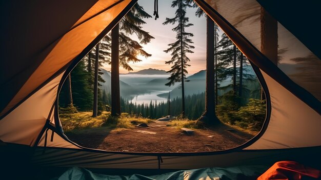 Esperienza di campeggio serena Primo piano della tenda con lago panoramico e alberi rigogliosi