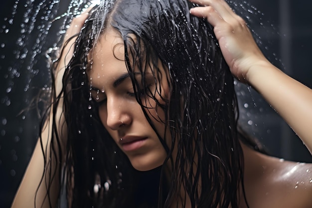 Esperienza di doccia rinfrescante Donna con i capelli bagnati che si gode lo spruzzo d'acqua nel bagno AI generativa