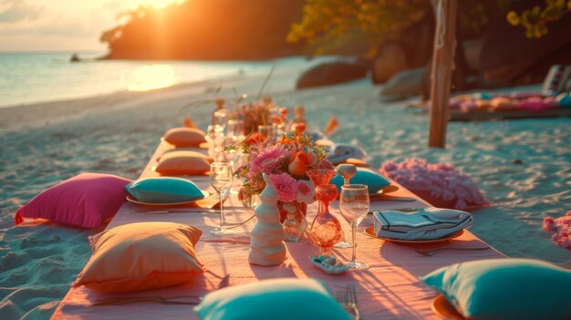 esperienza di picnic in mare allestire un tavolo all'aperto al tramonto sulla spiaggia