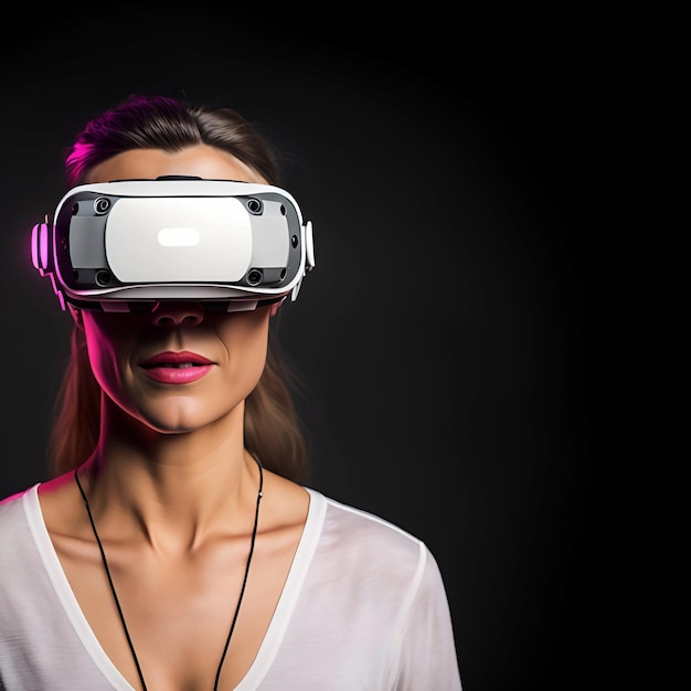 Esperienza di realtà virtuale immersiva per una donna bianca con spazio di copia