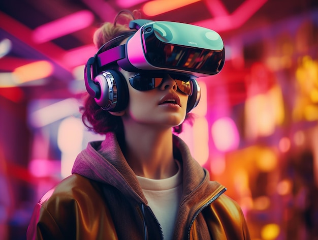 Esperienza di realtà virtuale uomo immerso nell'ambiente VR arancione neon