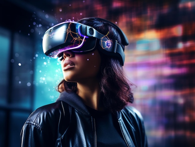 Esperienza di realtà virtuale uomo immerso nell'ambiente VR arancione neon