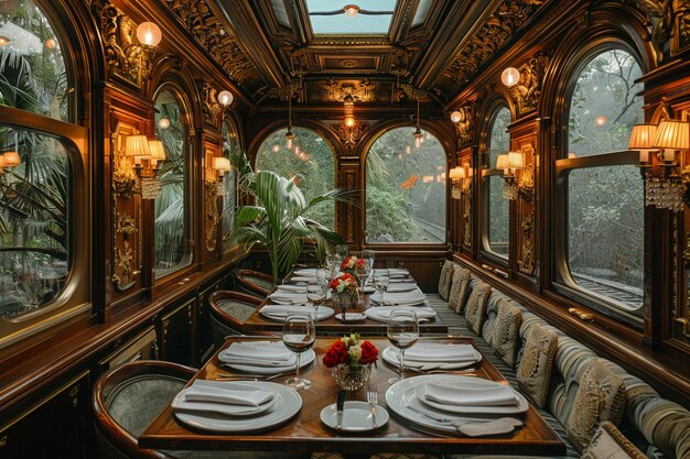 Esperienza di ristorazione in vagone ferroviario d'epoca con dettagli d'epoca e sedili intimi super dettagliati