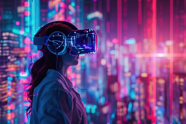 Esperienza VR nella città futuristica Immagine ad alta risoluzione di una persona con VR Gear