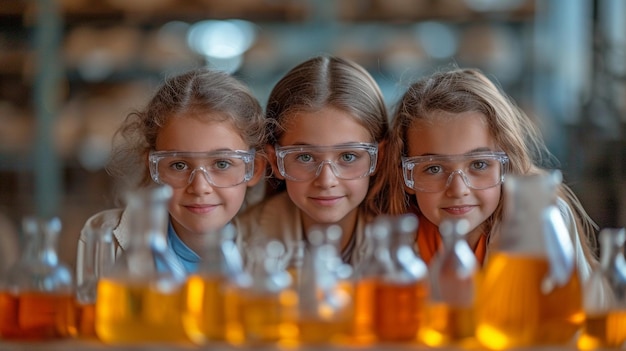 esperimenti di chimica condotti da un gruppo di bambini in una classe