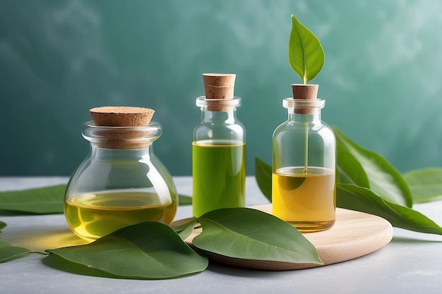 esperimento di laboratorio e ricerca con olio di foglia e estratto di ingredienti per la bellezza naturale e il prodotto biologico per la cura della pelle la bottiglia vuota per l'etichetta bio scienza concetto di medicina alternativa spa