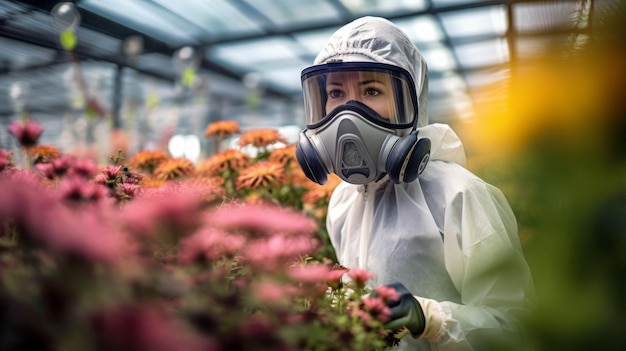 Esperto di fumigazione mascherato che rilascia insetti in una serra piena di piante