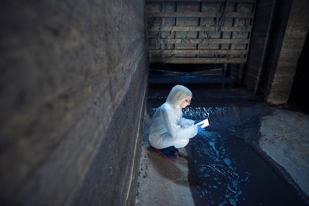 Esperto ecologista che preleva campioni d'acqua per esaminare l'inquinamento e la contaminazione delle acque reflue che escono dalle acque reflue cittadine verso il fiume.