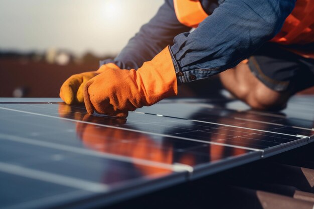 Esperto installatore di energia solare su un tetto che installa pannelli solari