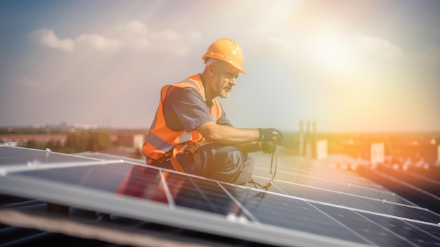 Esperto solare che installa pannelli a energia verde per una vita sostenibile catturati candidamente su un tetto IA generativa