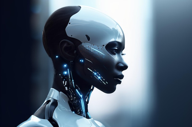 Esplora il futuro con questo elegante android che mescola eleganza nera e glam futuristico