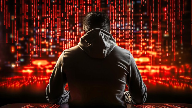 Esplora il misterioso mondo dell'hacking con questa immagine concettuale La silhouette sullo sfondo scuro e gli elementi cibernetici trasmettono un senso di spionaggio digitale