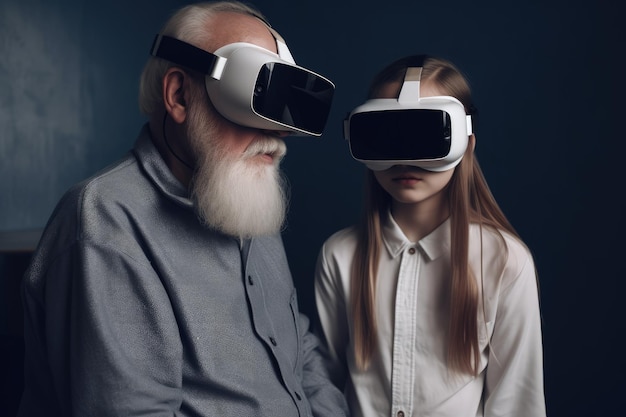 Esplorando il cyberspazio Nonno e nipote in futuristici occhiali VR