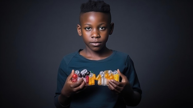 Esplorando la salute e il benessere Un giovane ragazzo nero africano circondato da integratori e capsule