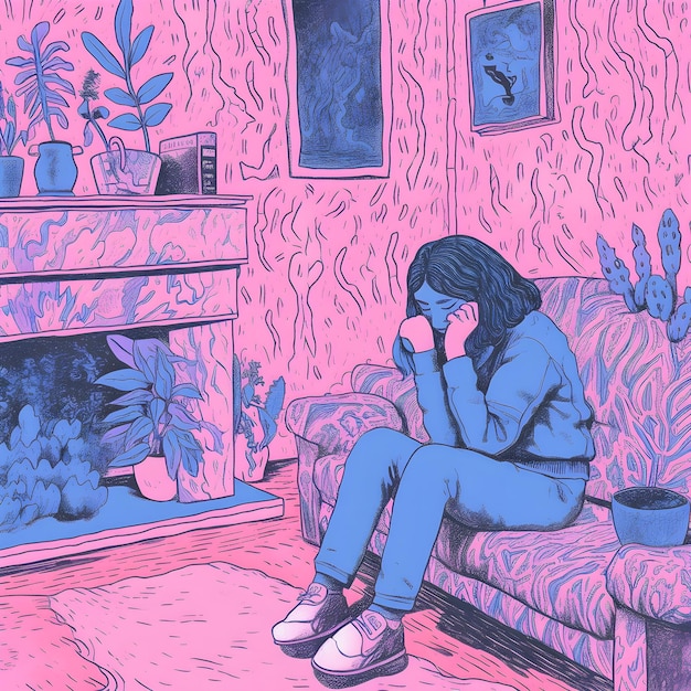 Esplorando le profondità Risograph Illustrazione su ansia depressione e benessere mentale