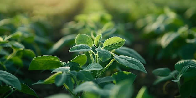 Esplorare il funzionamento interno di una pianta di soia verde in mezzo a file di piante Concetto Scienza agricola Anatomia delle piante Cultivazione della soia Ricerca sul campo Crescita delle colture