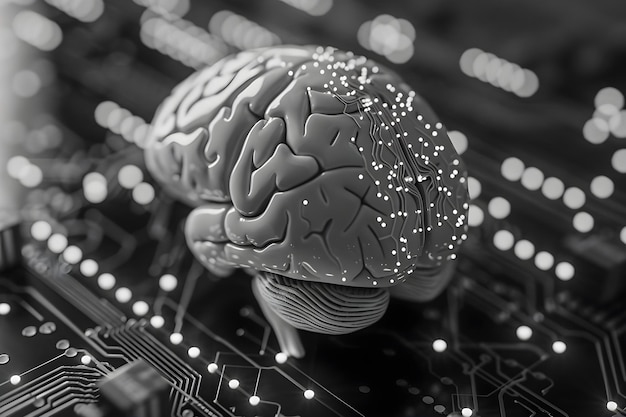 Esplorare l'intersezione del cervello umano e dell'intelligenza artificiale Una visione ravvicinata concetto ricerca sul cervello Intelligenza artificiale neurologia tecnologia integrazione scienze cognitive