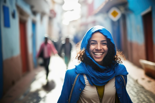 Esplorare le vibranti strade blu del Marocco con una gioiosa turista che posa per la fotocamera generata da Ai