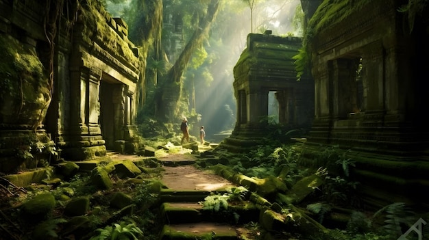 Esplorare un antico tempio bagnato da una luce dorata in mezzo a una lussureggiante vegetazione