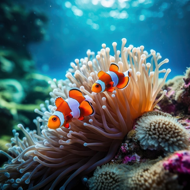 Esplorate il mondo sottomarino mentre un pesce pagliaccio scivola graziosamente oltre le vibranti barriere coralline e le anemone