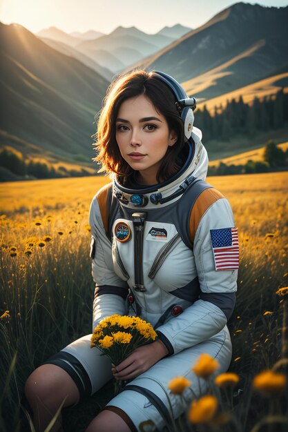 Esploratore all'aperto seduto nel campo dei fiori con fiori gialli donna che indossa lo sfondo della tuta spaziale