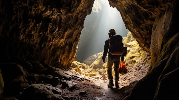 Esploratore di caverne attraverso un passaggio difficile