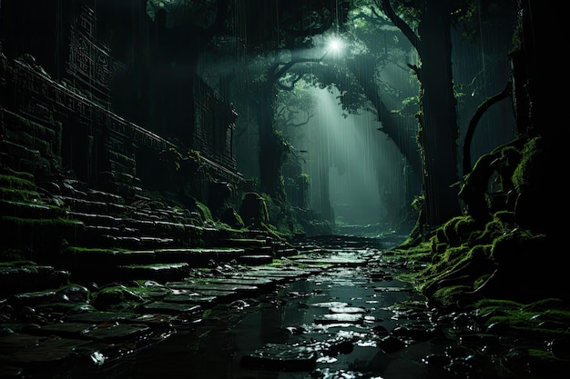 Esploratori notturni cercano sogni mistici nella foresta bioluminescente generativa IA