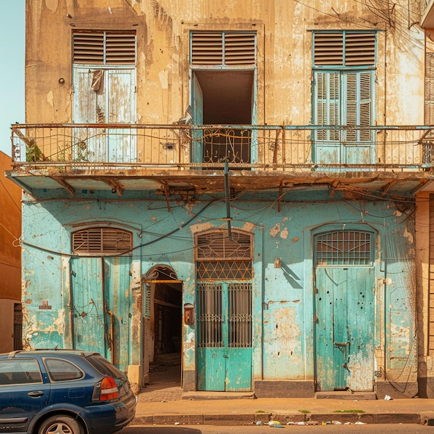 Esplorazione dell'architettura coloniale francese a Dakar Senegal Auto blu parcheggiata di fronte al vecchio edificio