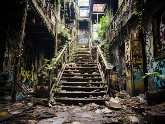 Esplorazione urbana in un edificio abbandonato decadimento urbano atmosfera misteriosa arte di strada