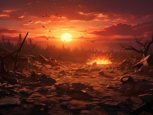 Esplosione al tramonto in una elegante scena di spazzatura abbandonata