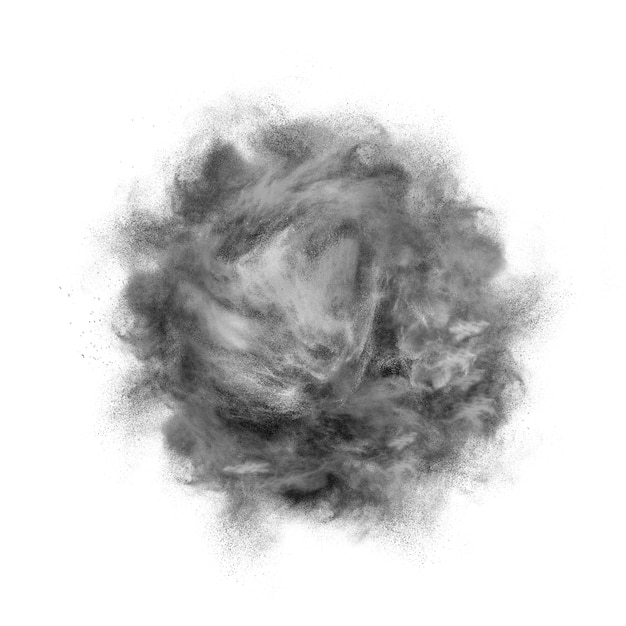 Esplosione astratta della polvere di colore grigio scuro su un fondo bianco con lo spazio della copia.