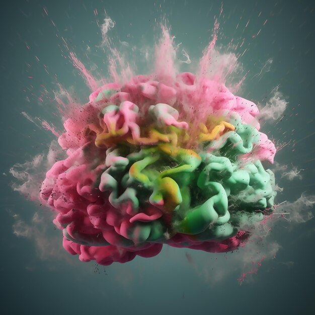 Esplosione cerebrale astratta e colorata sullo sfondo grigio