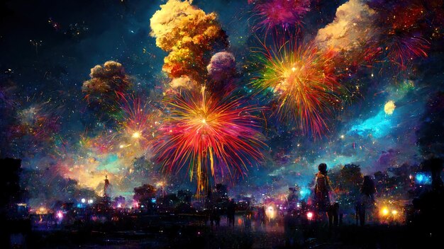 Esplosione colorata realistica di fuochi d'artificio sulla città notturna